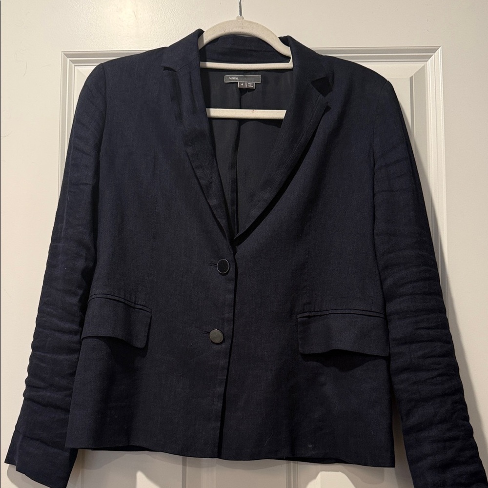 Vince Dark Navy Single-Button Linen-Blend Blazer
